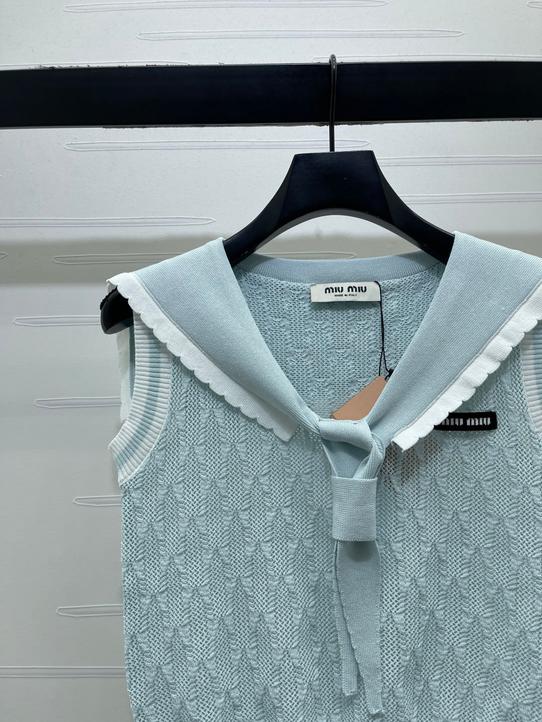 Miu Shawl Tie-Wear Knitted Vest Light Blue Black Wool 382100