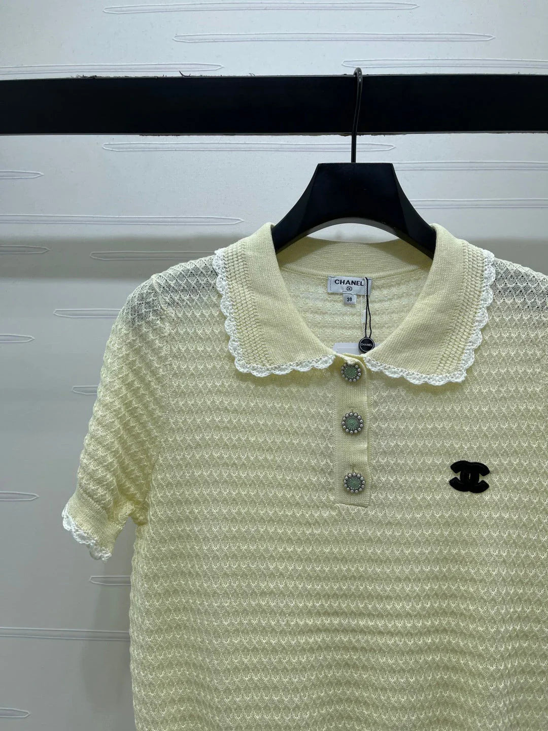 Chanel 2026 Lace-trimmed Polo Collar Knit Short-sleeved Top Cotton 390780