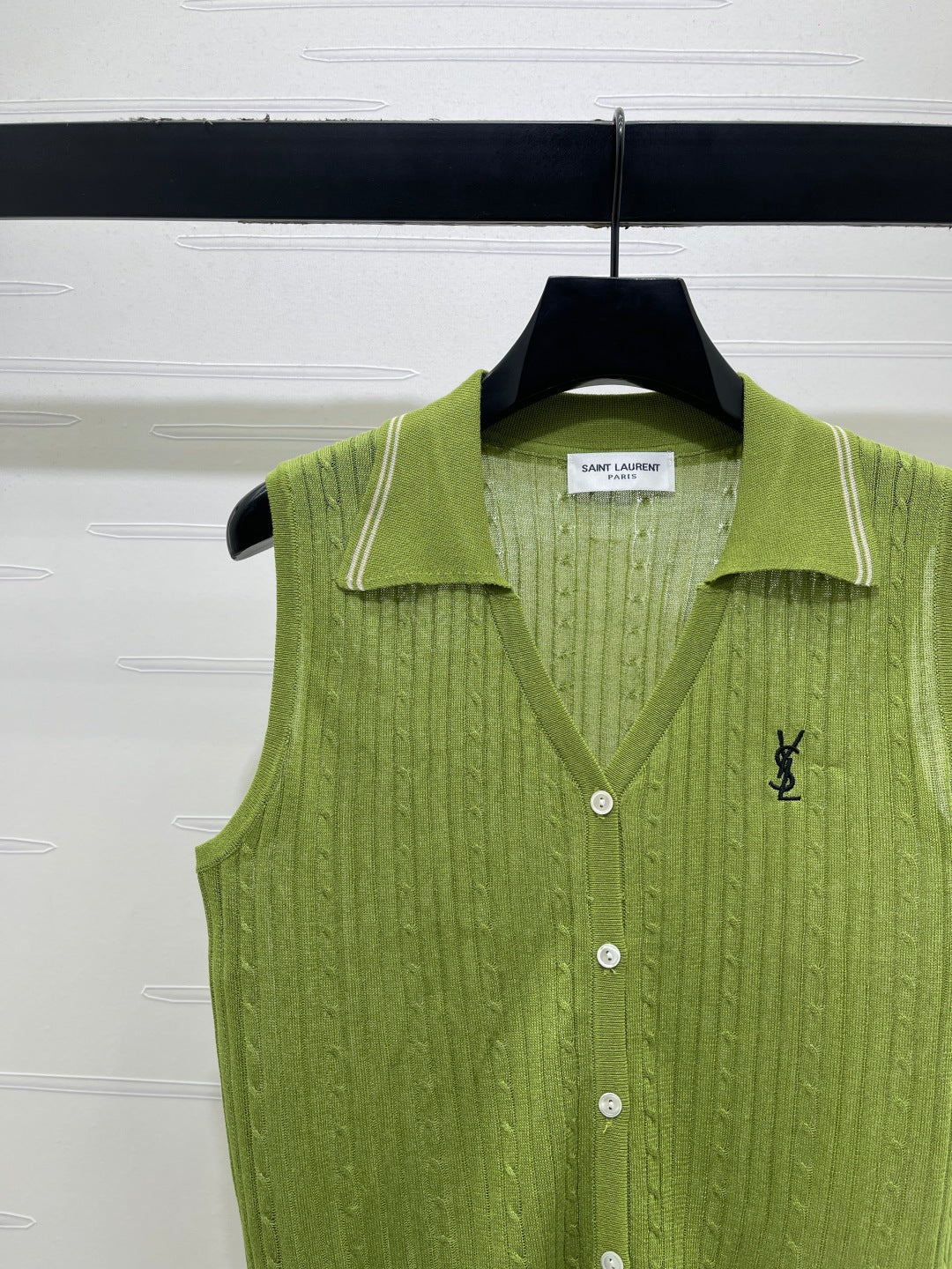 YSL Collared Knit Vest Green Spun Silk Linen 397457