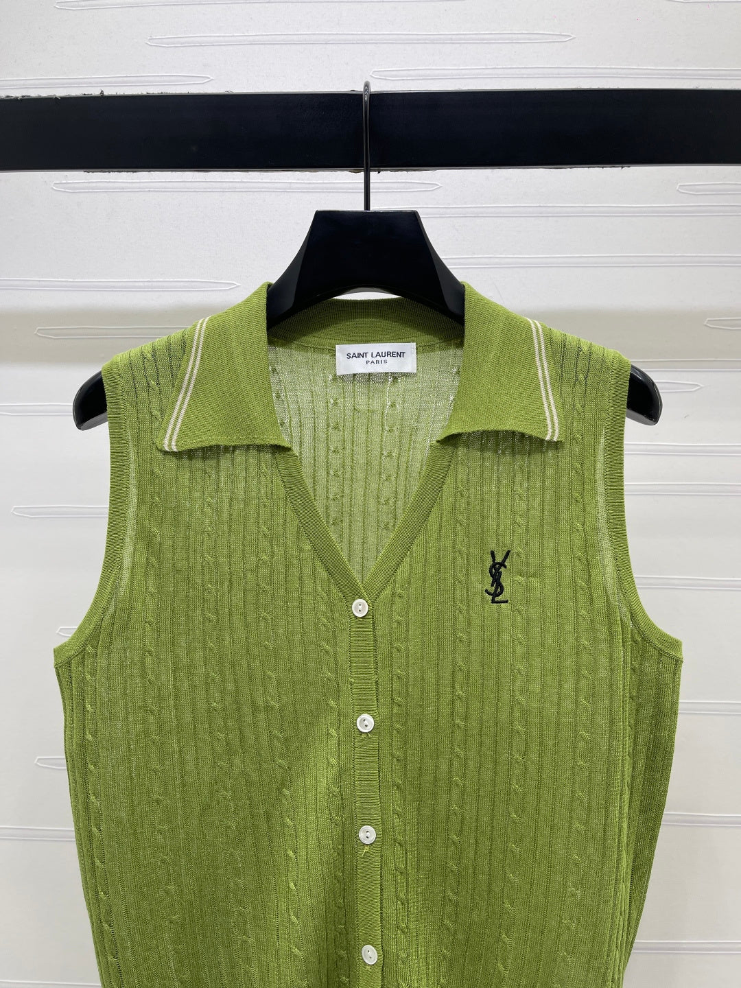 YSL Collared Knit Vest Green Spun Silk Linen 397457