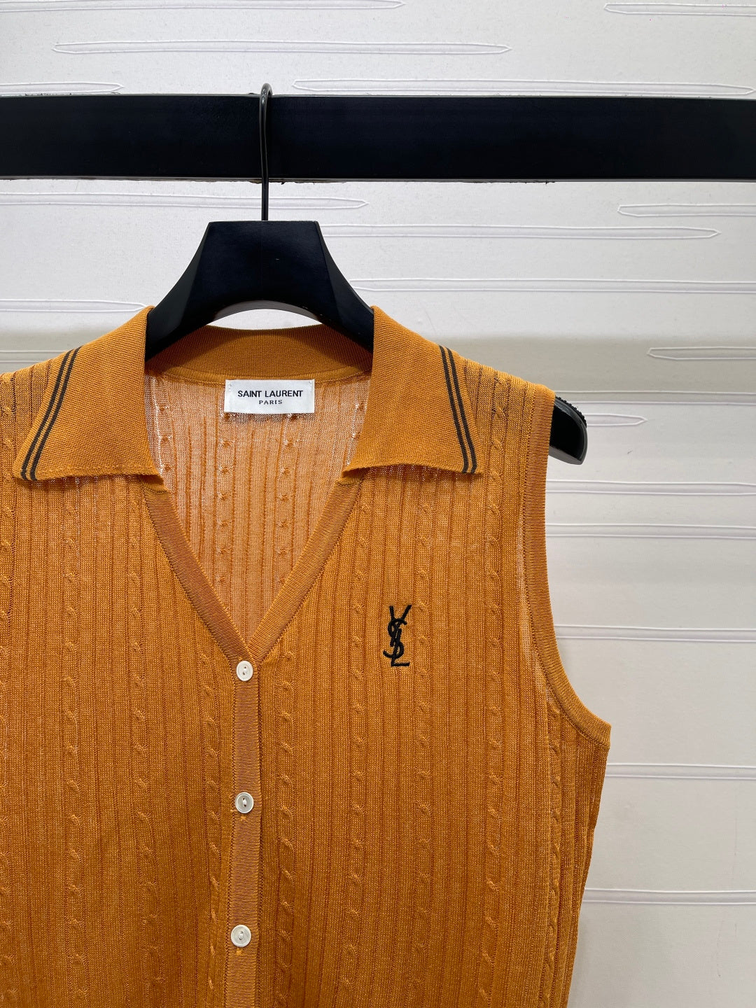 YSL Collared Knit Vest Brown Spun Silk Linen 397455