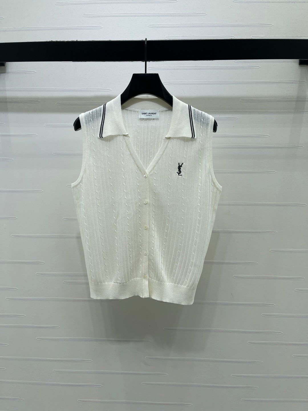 YSL Collared Knit Vest White Spun Silk Linen 397453