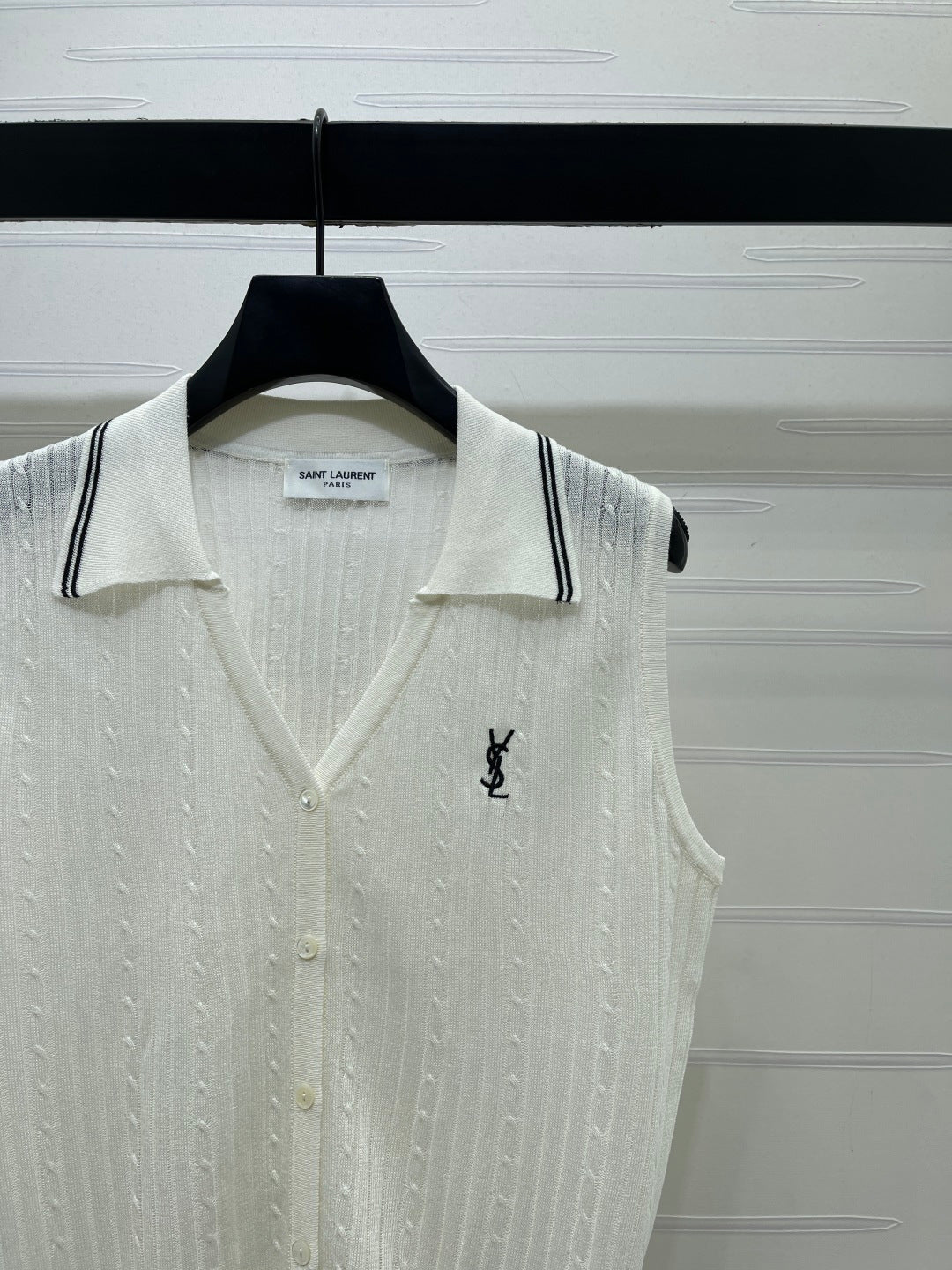 YSL Collared Knit Vest White Spun Silk Linen 397453