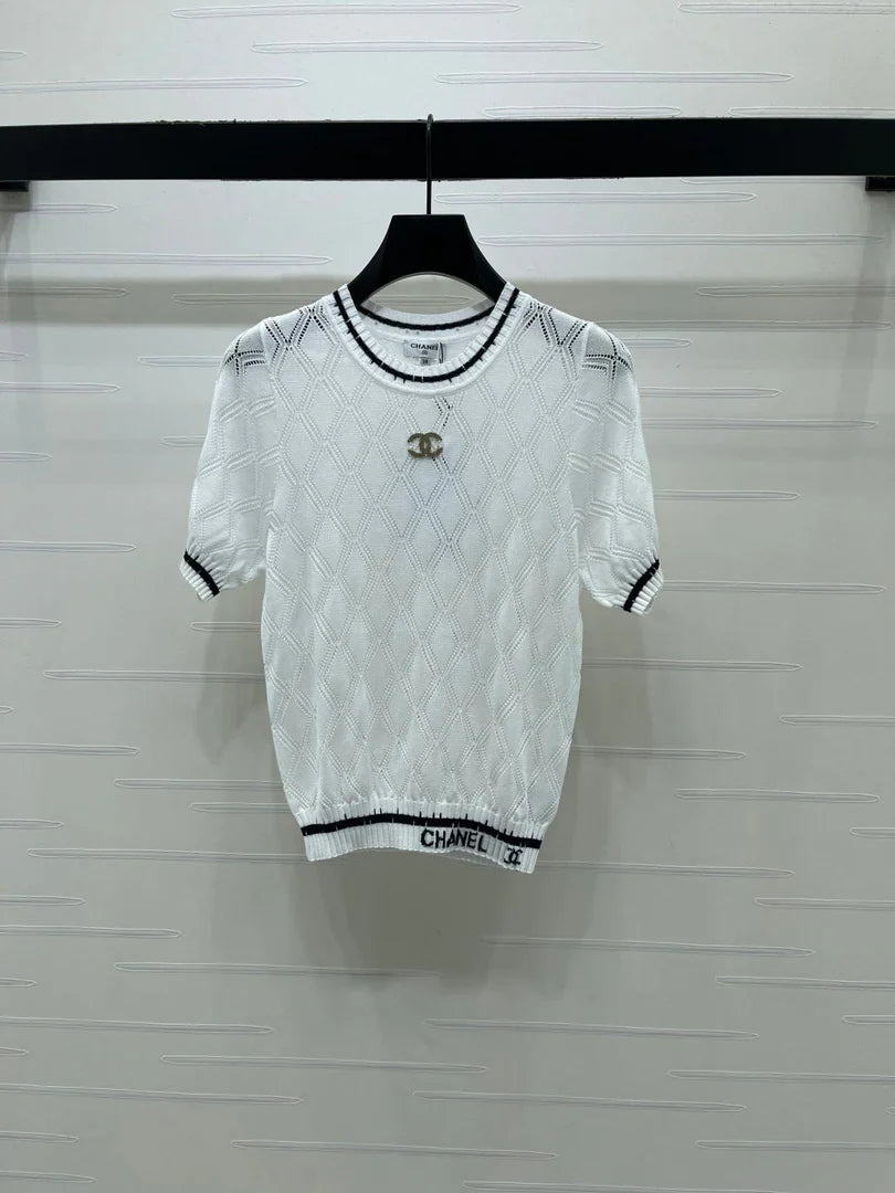 Chanel 2026 Diamond Pattern Knit Short-Sleeve T-Shirt Tencel 397443