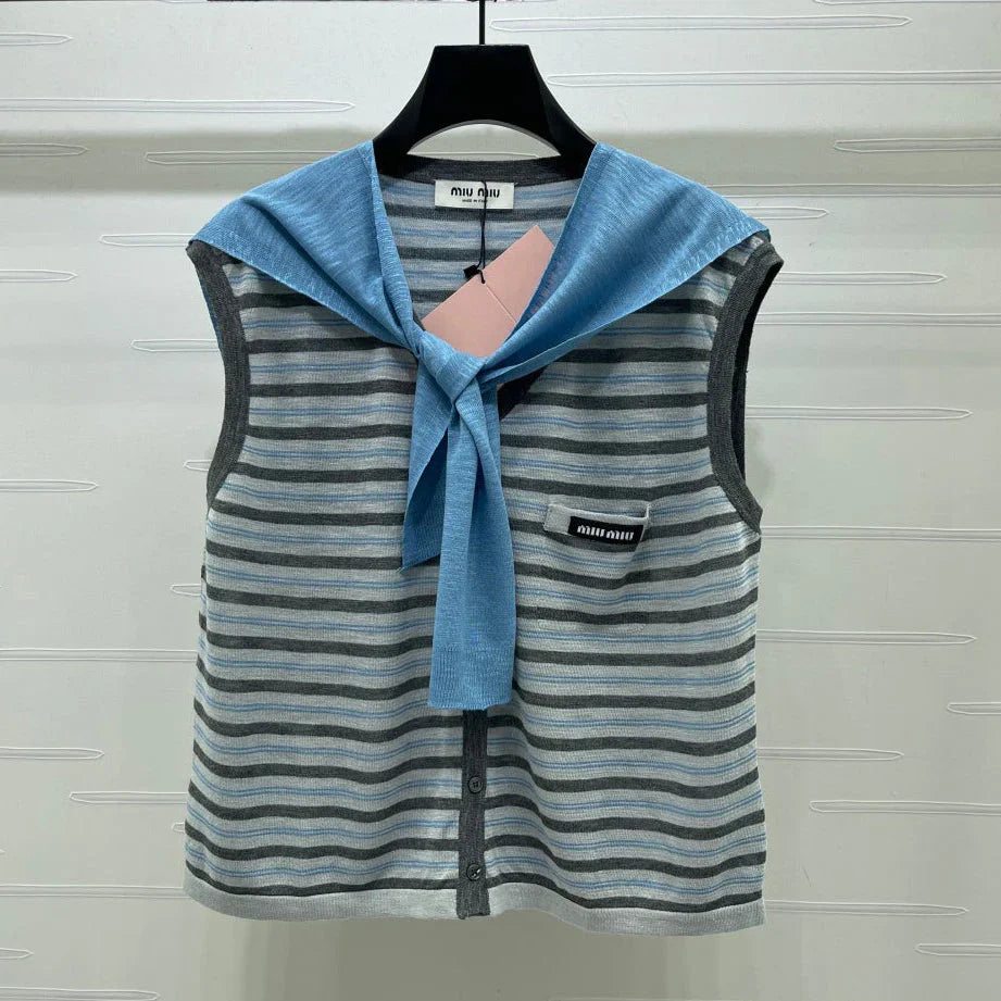 Miumiu 2026 V-neck Striped Knit Vest Blue Grey Wool 397412