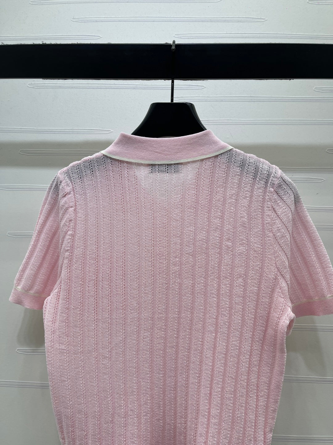 YSL 26s Knit Short-Sleeved Top Light Pink Silk Linen 401586