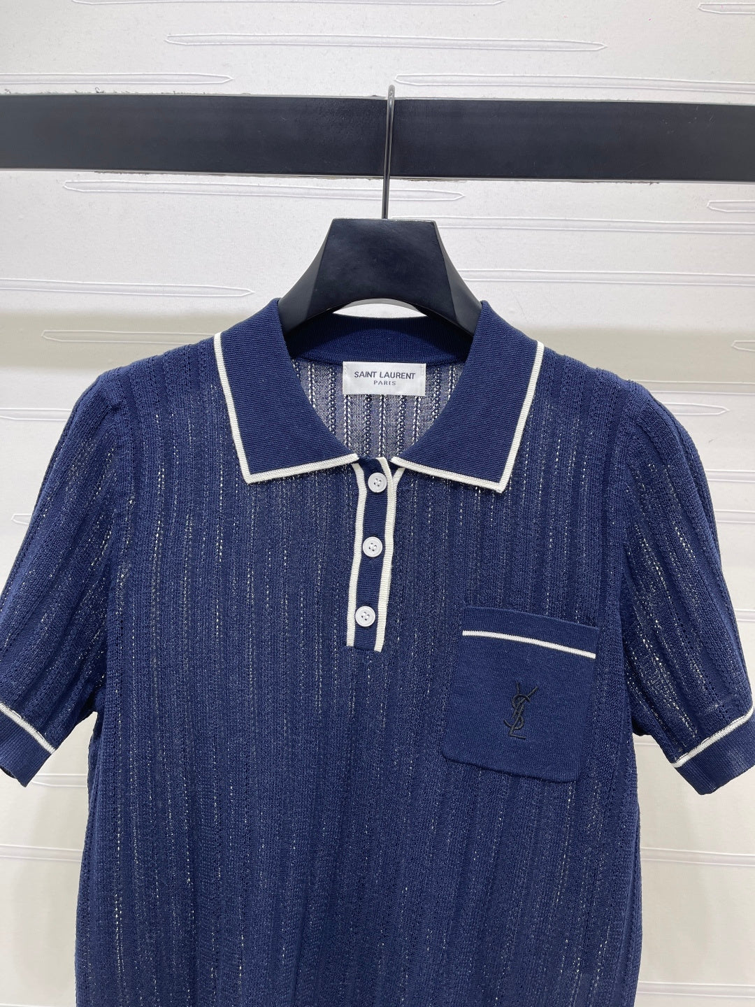 YSL 26s Knit Short-Sleeved Top Navy Blue Silk Linen 401585