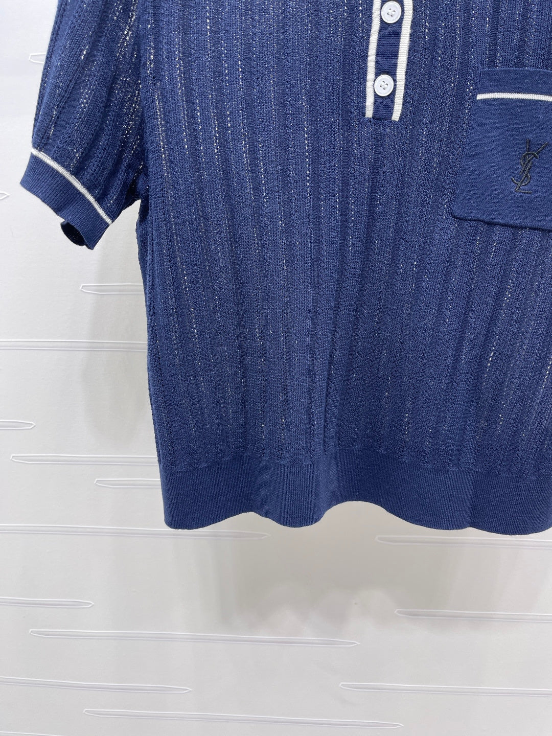 YSL 26s Knit Short-Sleeved Top Navy Blue Silk Linen 401585