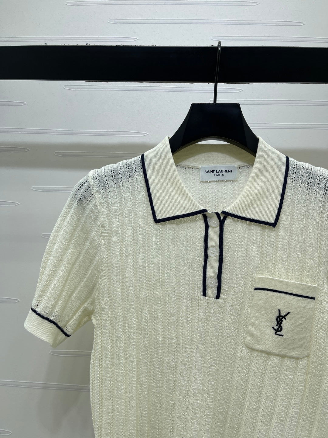 YSL 26s Knit Short-Sleeved Top Cream Silk Linen 401584