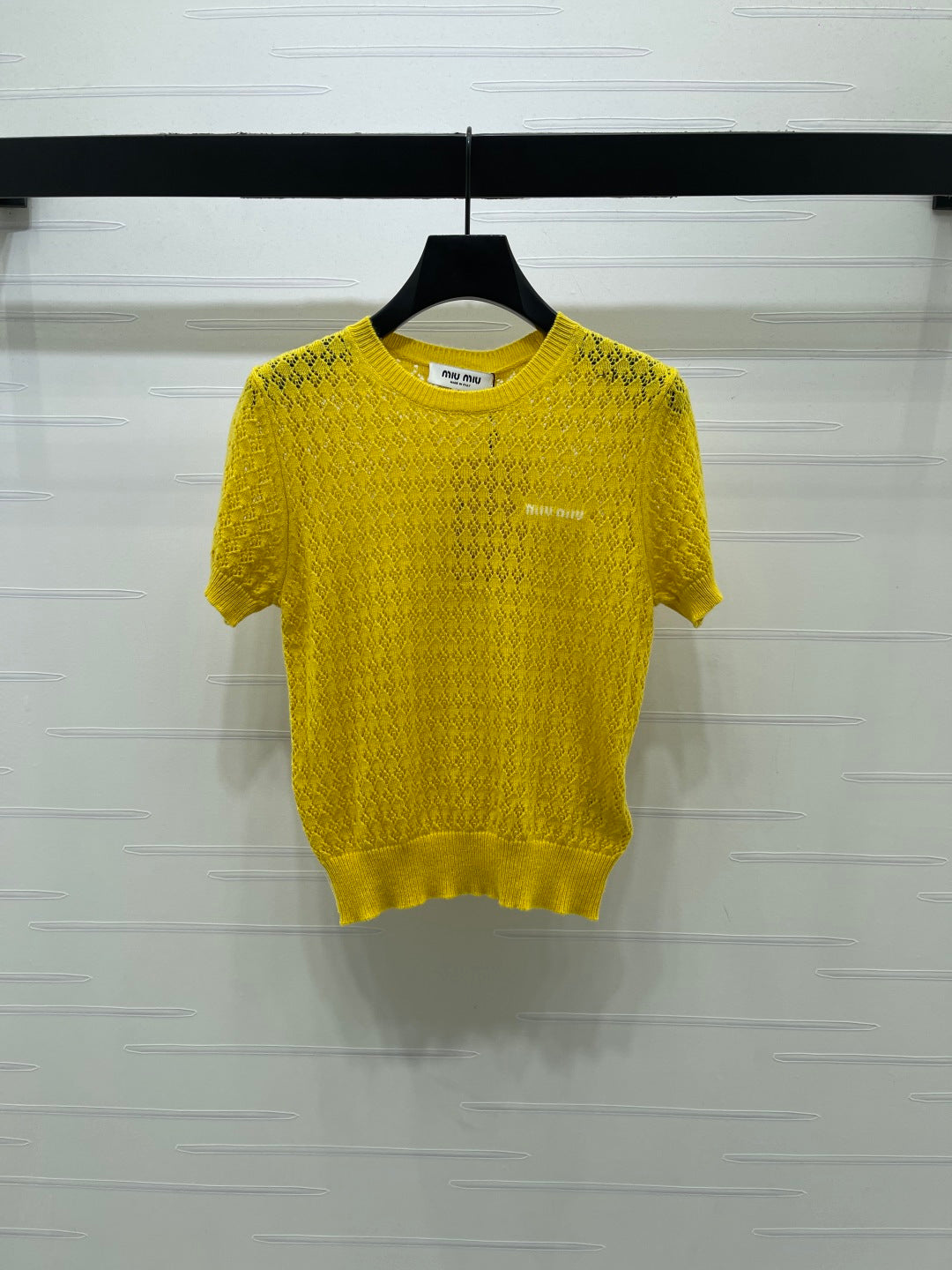 Miu 26s Neck Knit Short-Sleeved Top Yellow Wool 410768