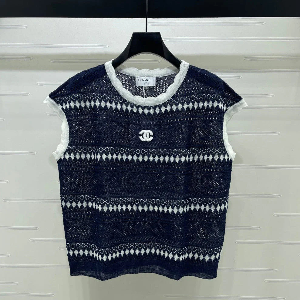 Chanel 2026 Hollow-out Striped Knit Vest Navy Blue Viscose 677769