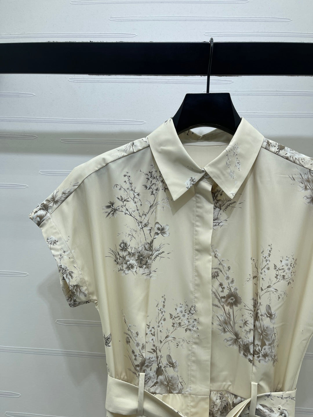 CD 26s Floral Print Collar Short Sleeve Dress Cream Polyester 406525