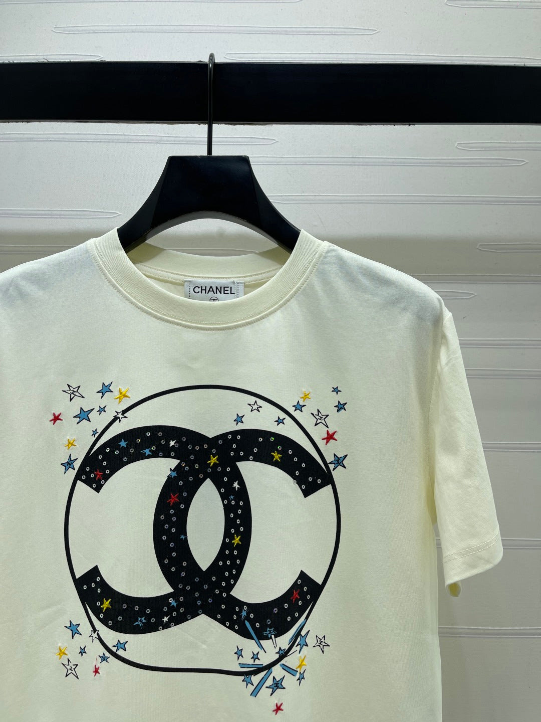 CC 26s Crew Neck Short-Sleeve T-Shirt Cream Black Cotton 409490