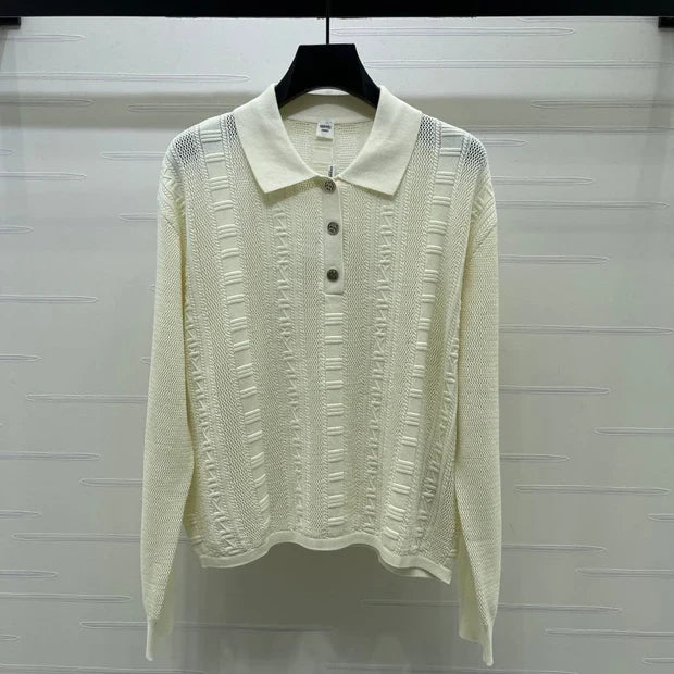 Hermes 2026 Collared Knit Long-Sleeve Top Cream Tencel Cotton 413333