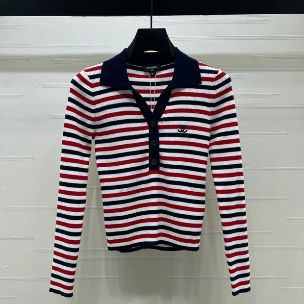 Chanel 2026 Striped Long-Sleeve Top Red Mix Colors Cotton 417672