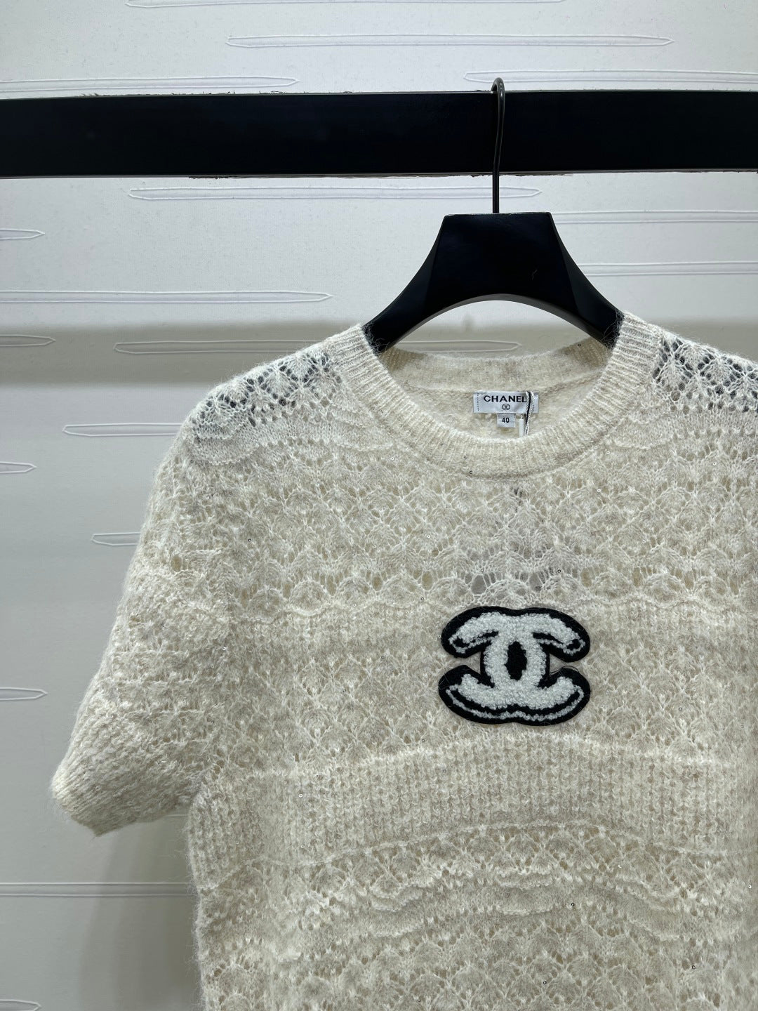 CC Pattern Knit Short-Sleeve T-Shirt Ivory Wool 422027