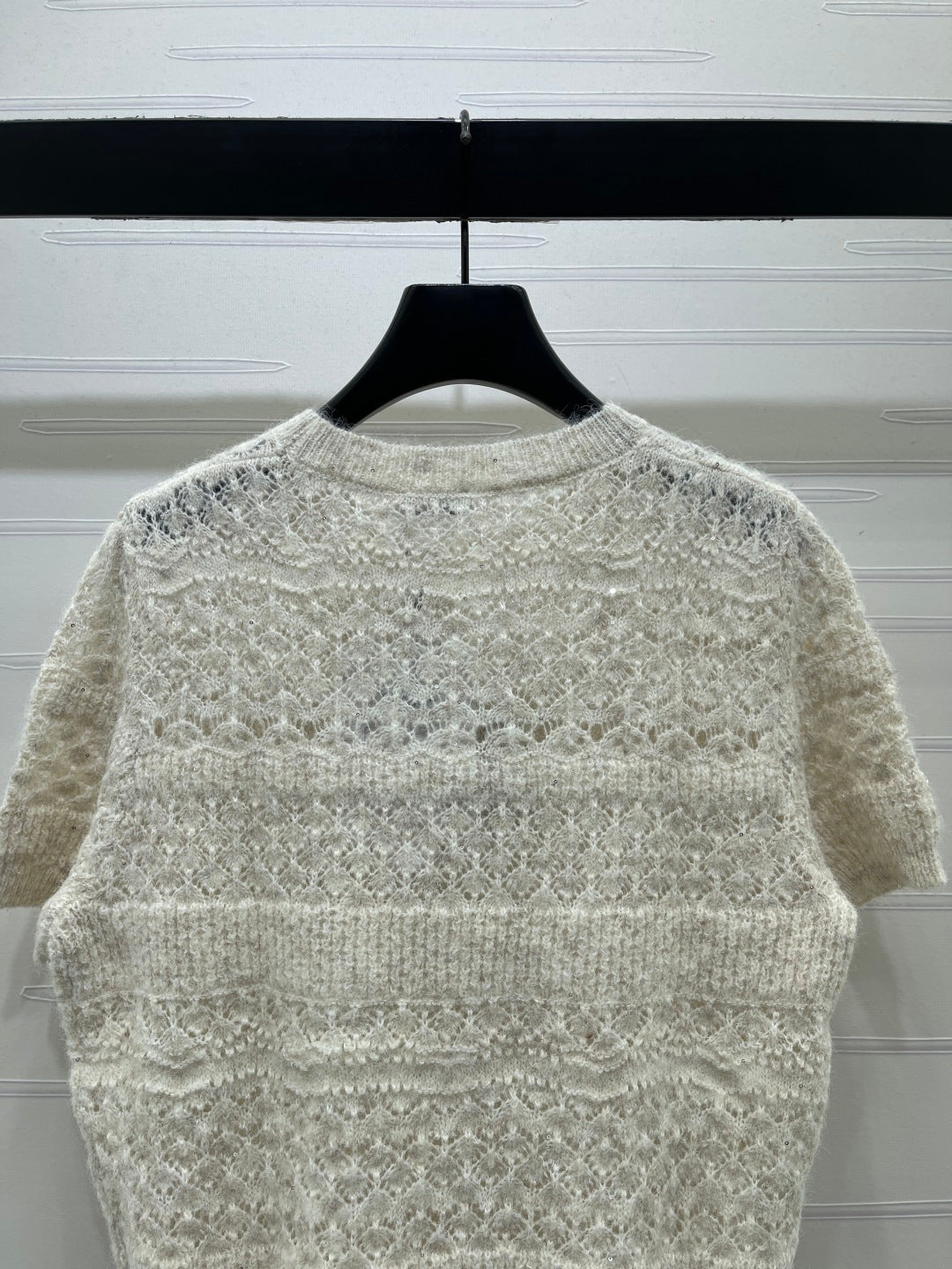CC Pattern Knit Short-Sleeve T-Shirt Ivory Wool 422027