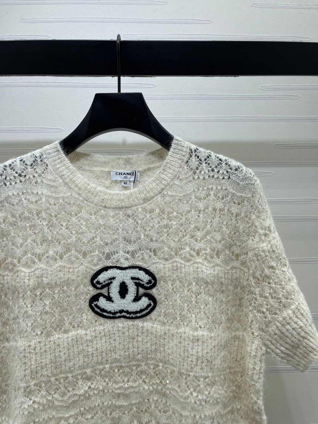 CC Pattern Knit Short-Sleeve T-Shirt Ivory Wool 422027