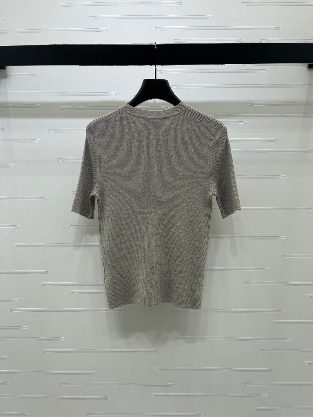 Prada 26s Round Neck Slim Fit Knit Short-Sleeve Top Light Taupe Wool 421995