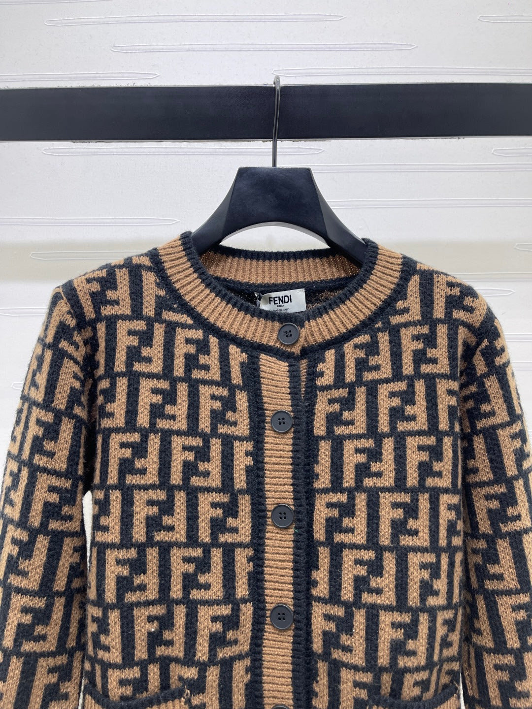 Fendi 26s Jacquard Crew Neck Knit Cardigan Brown Black 423891