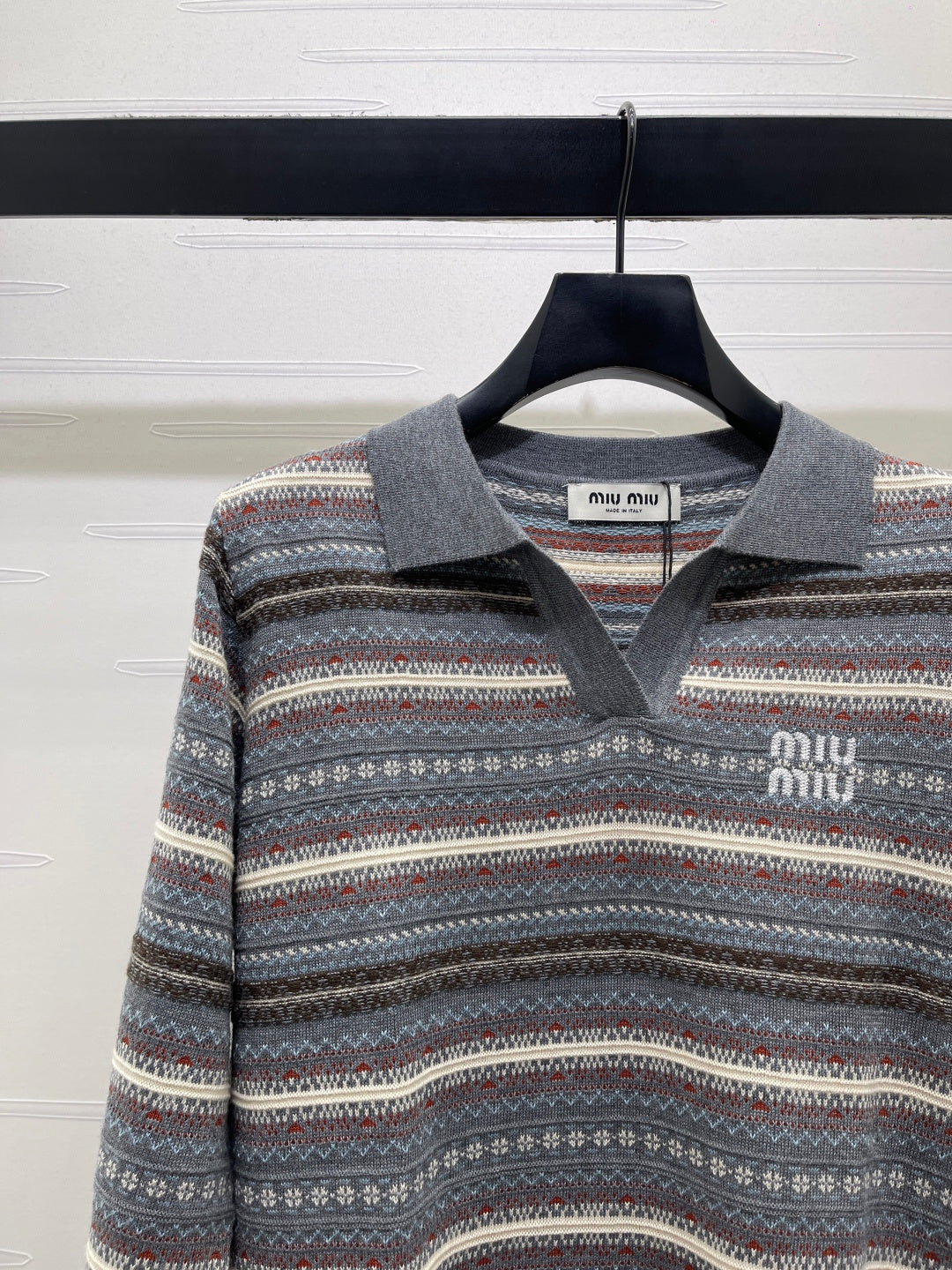 Miu 26s Striped Collar Knit Long Sleeve Grey Wool 423879