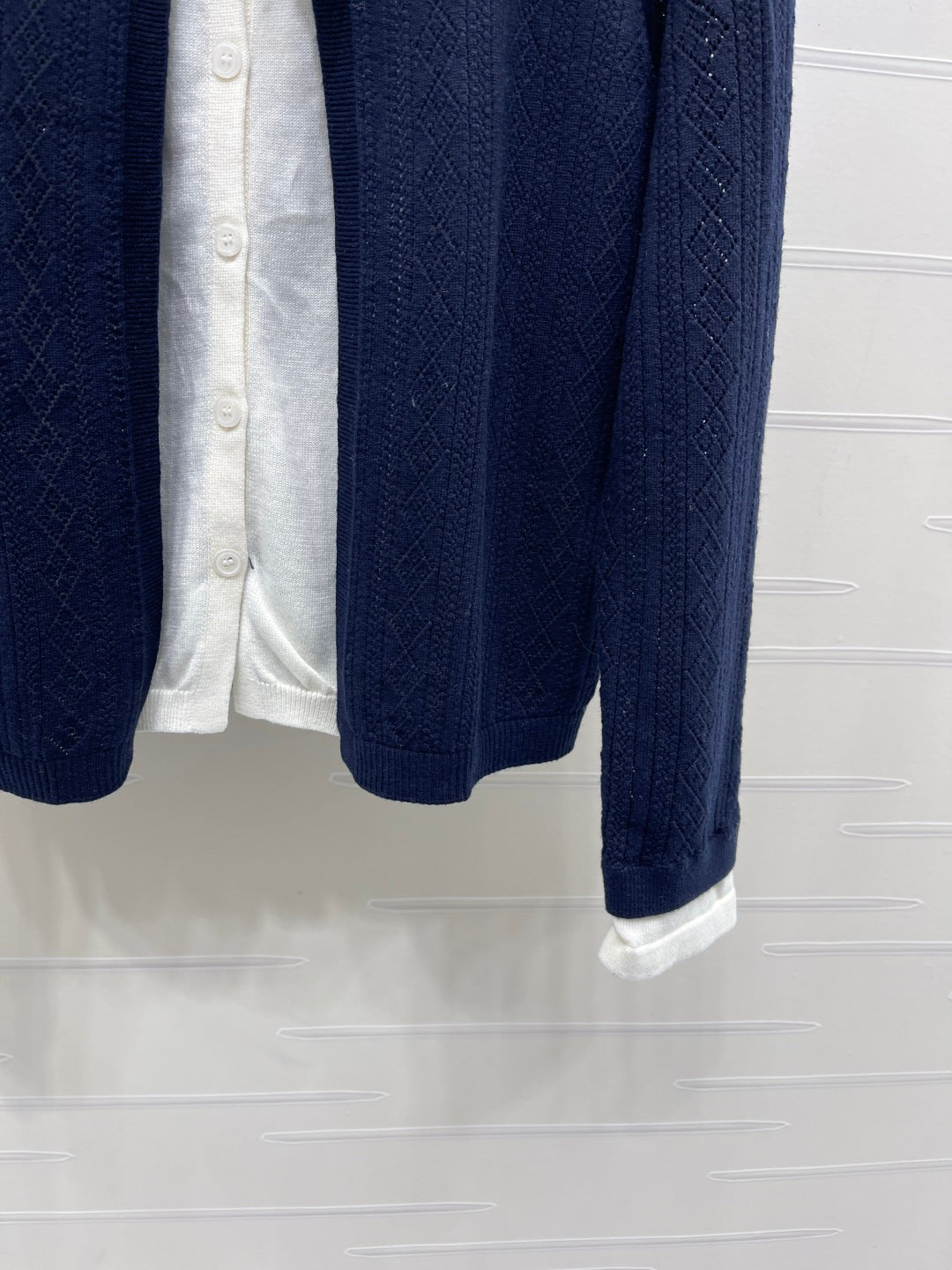 CC 26s Faux Two-Piece Knitted Crew Neck Cardigan Navy Blue Wool 423883