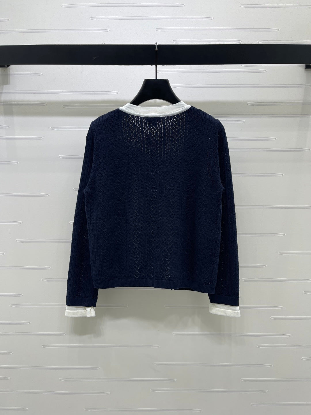 CC 26s Faux Two-Piece Knitted Crew Neck Cardigan Navy Blue Wool 423883
