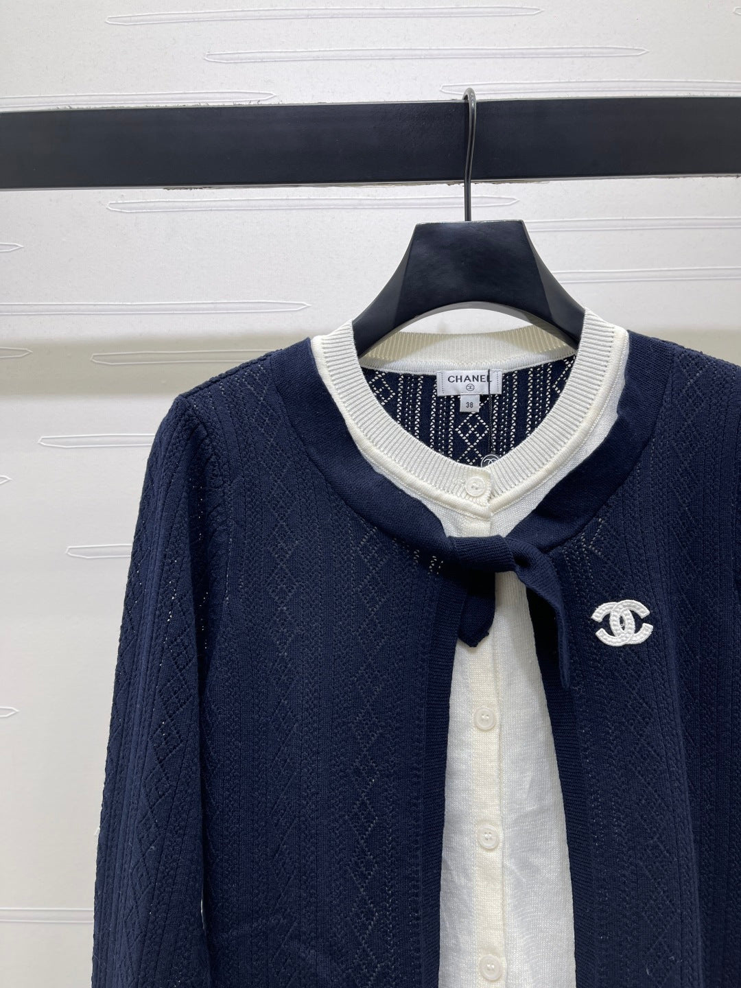 CC 26s Faux Two-Piece Knitted Crew Neck Cardigan Navy Blue Wool 423883