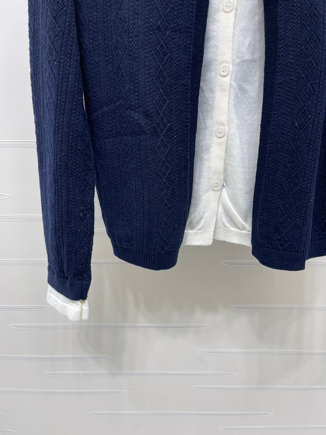 CC 26s Faux Two-Piece Knitted Crew Neck Cardigan Navy Blue Wool 423883
