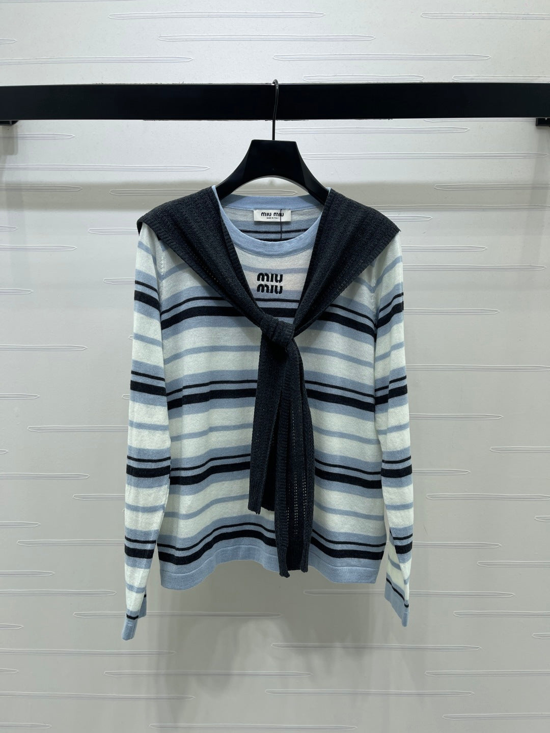 Miu 26s Striped Shawl Knit Long-Sleeved Top Cream Blue Wool 423904
