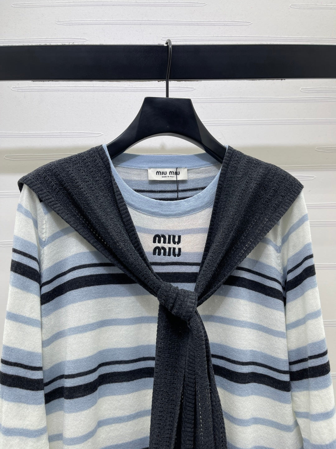 Miu 26s Striped Shawl Knit Long-Sleeved Top Cream Blue Wool 423904