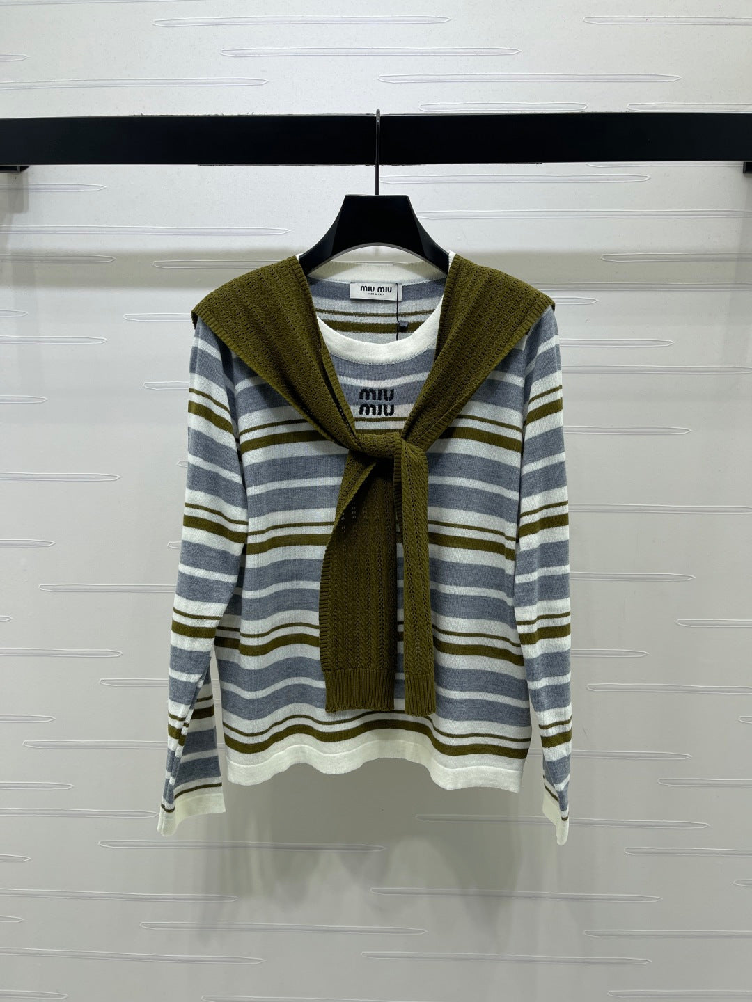 Miu 26s Striped Shawl Knit Long-Sleeved Top Cream Olive Wool 423903