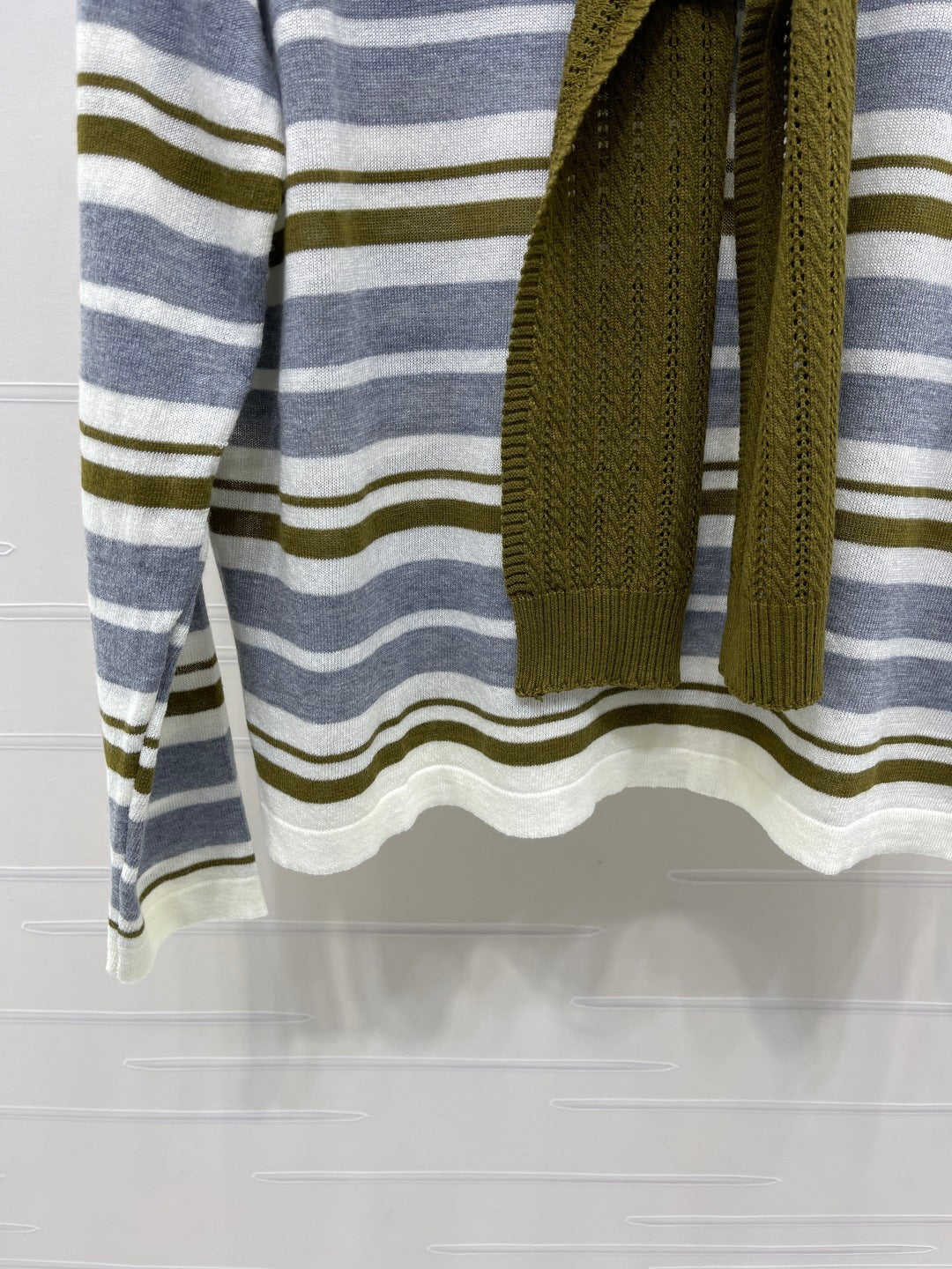 Miu 26s Striped Shawl Knit Long-Sleeved Top Cream Olive Wool 423903