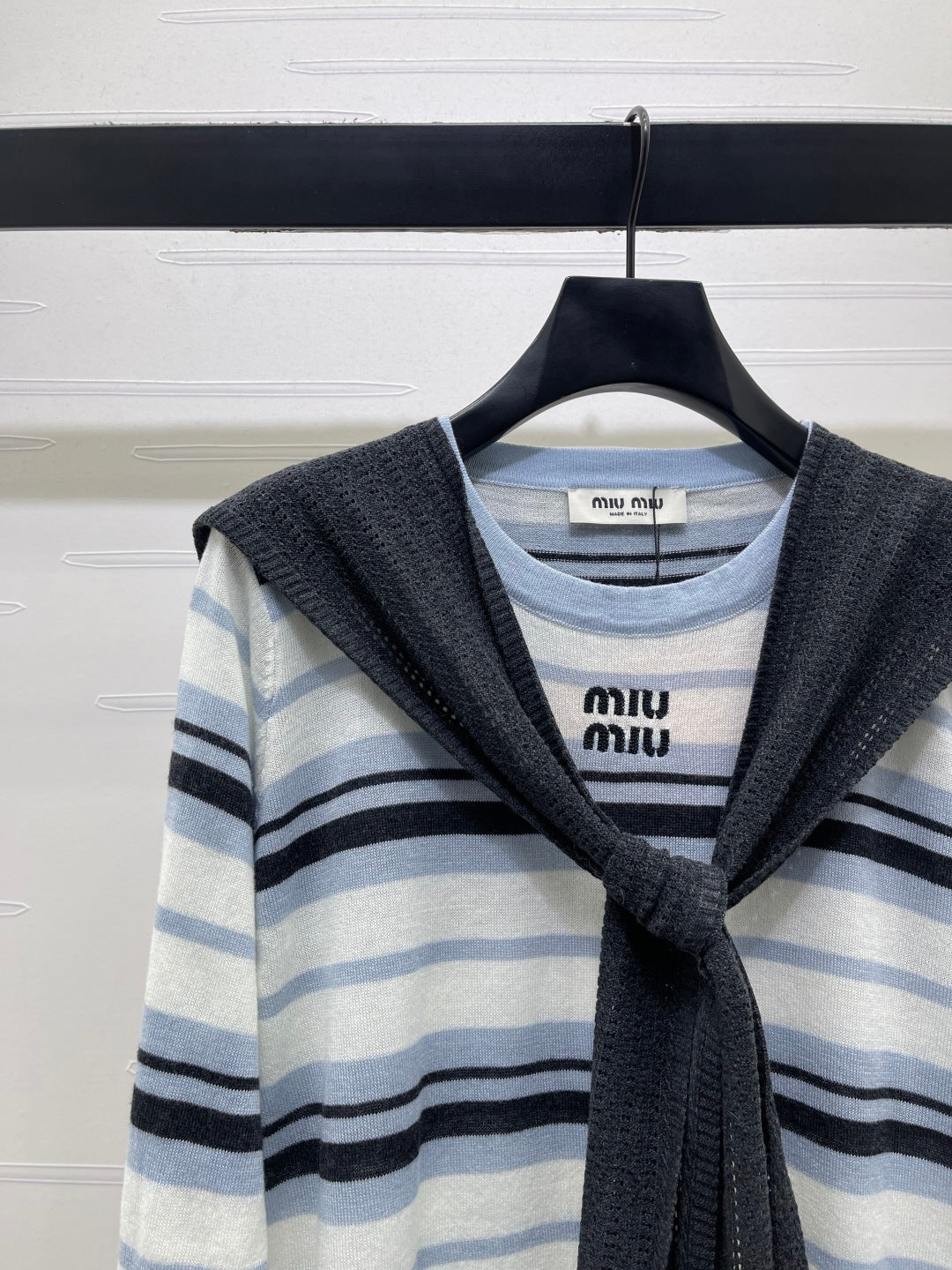 Miu 26s Striped Shawl Knit Long-Sleeved Top Cream Blue Wool 423904