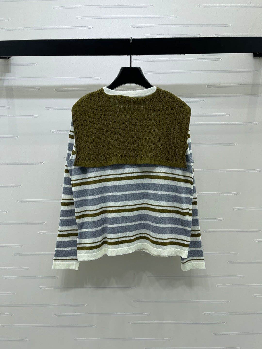 Miu 26s Striped Shawl Knit Long-Sleeved Top Cream Olive Wool 423903