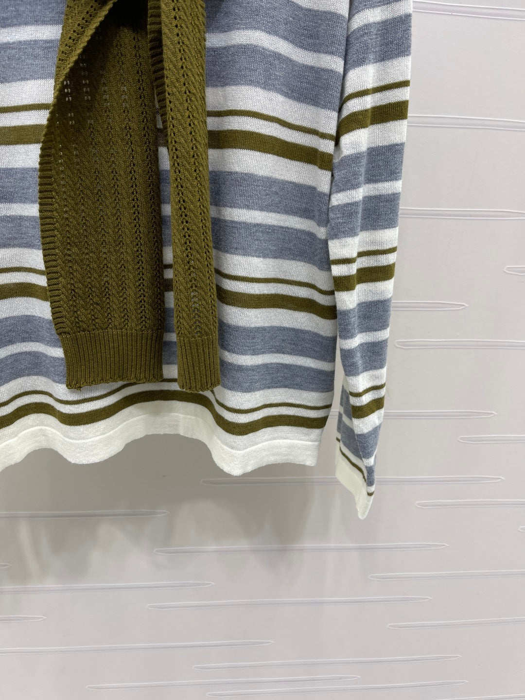 Miu 26s Striped Shawl Knit Long-Sleeved Top Cream Olive Wool 423903