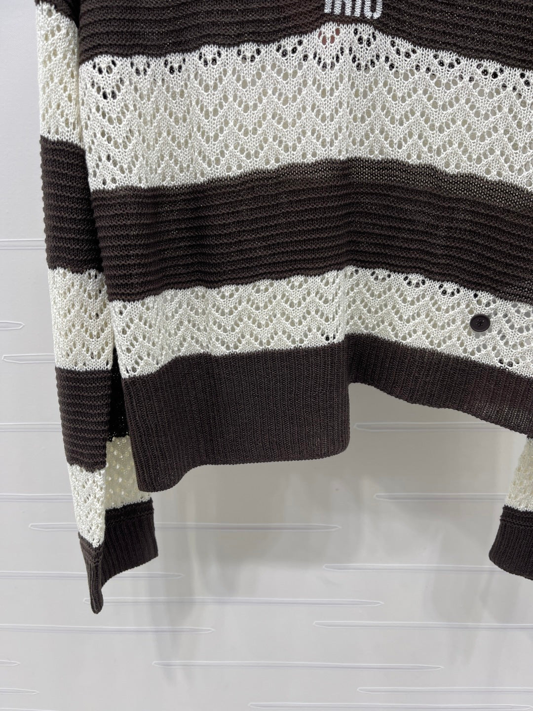 Miu 26s Striped Collar Knit Long Sleeve Cream Brown Wool 423899