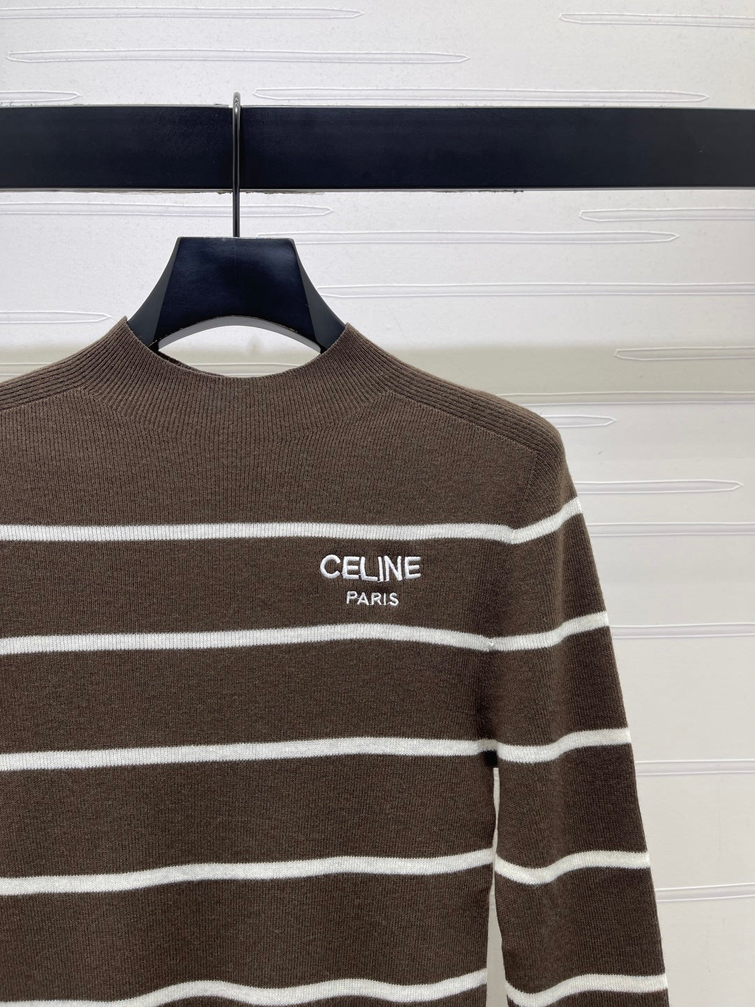 Celine 26s High-Neck Striped Knit Long Sleeve Brown Tencel 423875