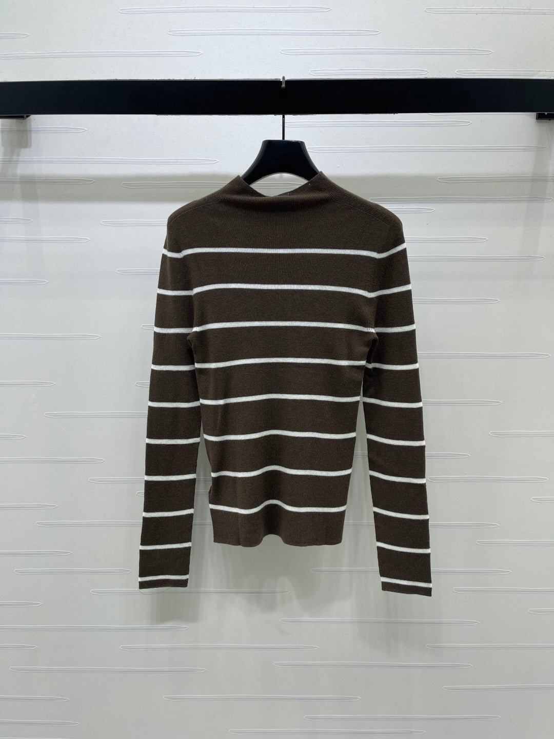 Celine 26s High-Neck Striped Knit Long Sleeve Brown Tencel 423875
