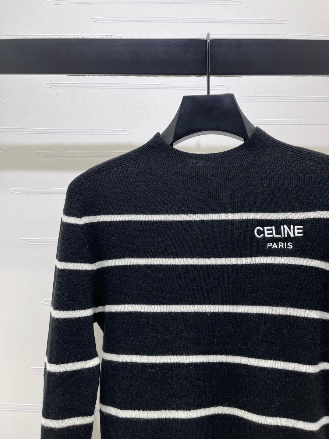 Celine 26s High-Neck Striped Knit Long Sleeve Black Tencel 423874