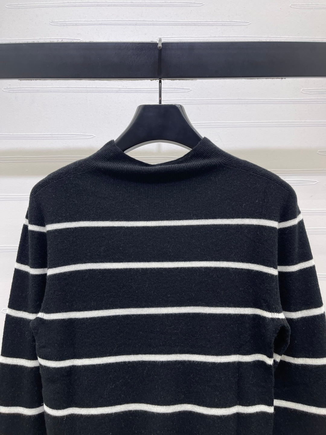 Celine 26s High-Neck Striped Knit Long Sleeve Black Tencel 423874