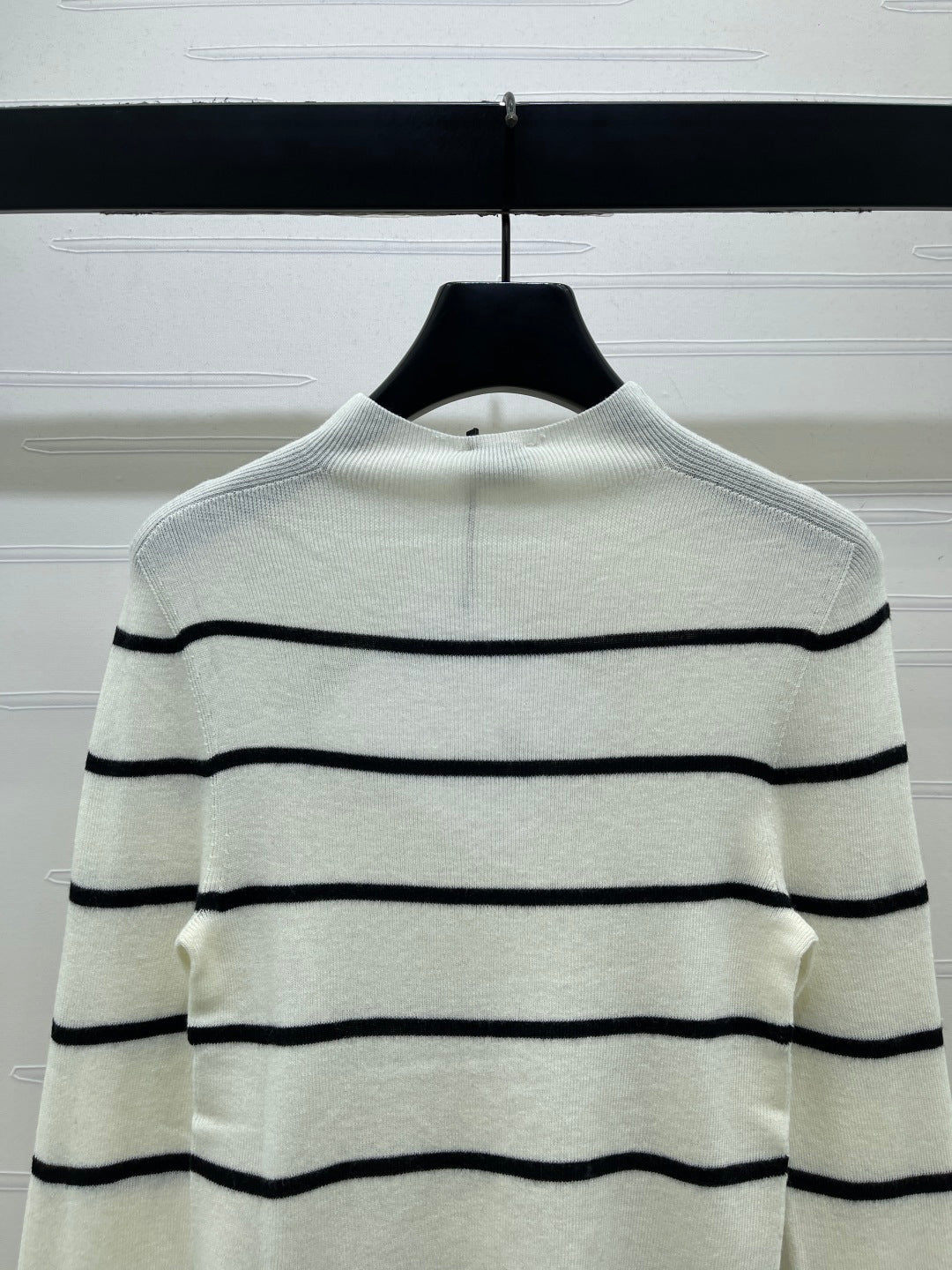 Celine 26s High-Neck Striped Knit Long Sleeve White Tencel 423873