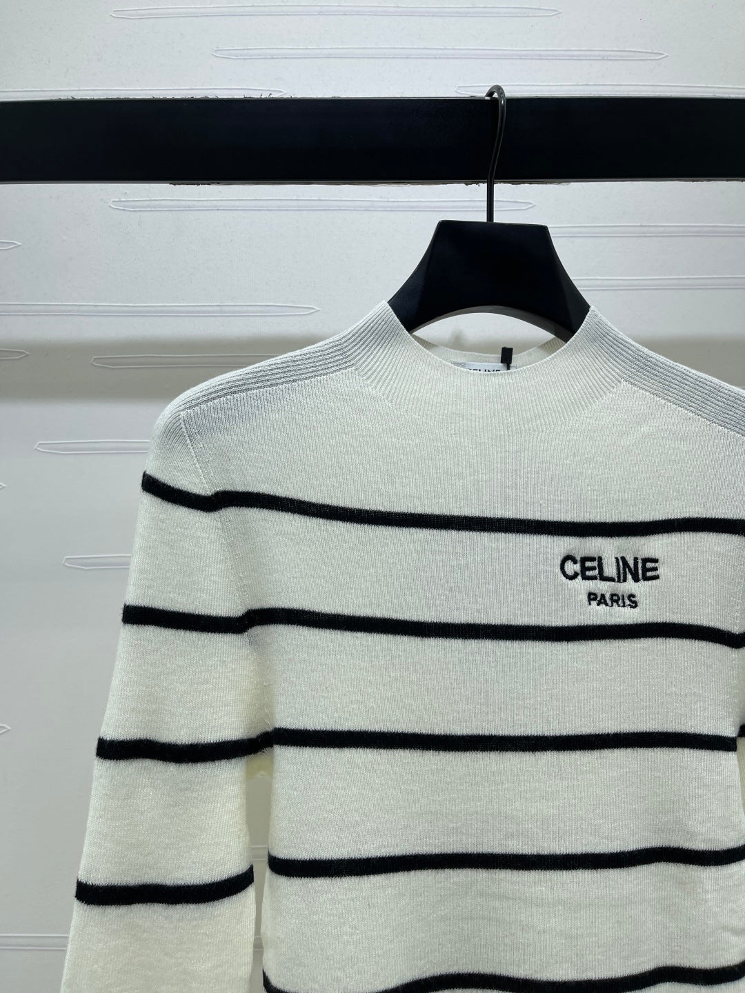 Celine 26s High-Neck Striped Knit Long Sleeve White Tencel 423873
