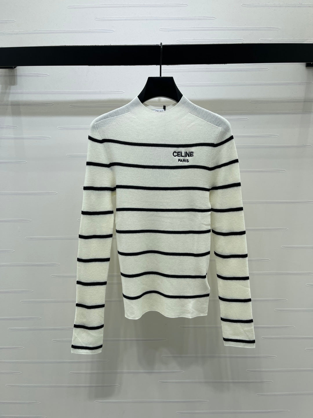 Celine 26s High-Neck Striped Knit Long Sleeve White Tencel 423873