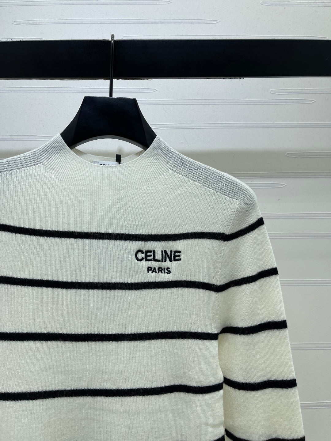 Celine 26s High-Neck Striped Knit Long Sleeve White Tencel 423873
