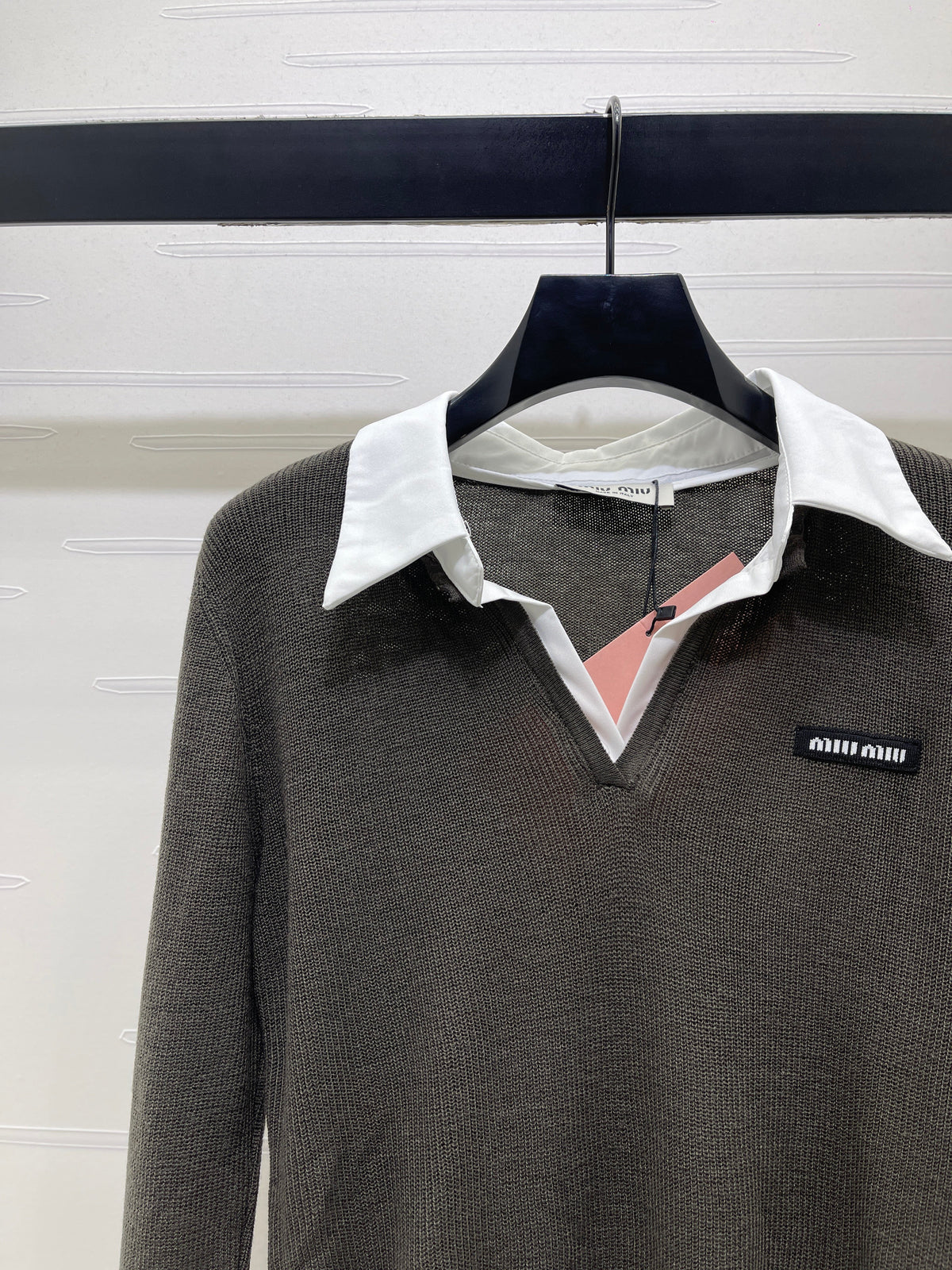 Miu 26s Long-Sleeve Knit Polo Dark Grey Wool Blend 427253