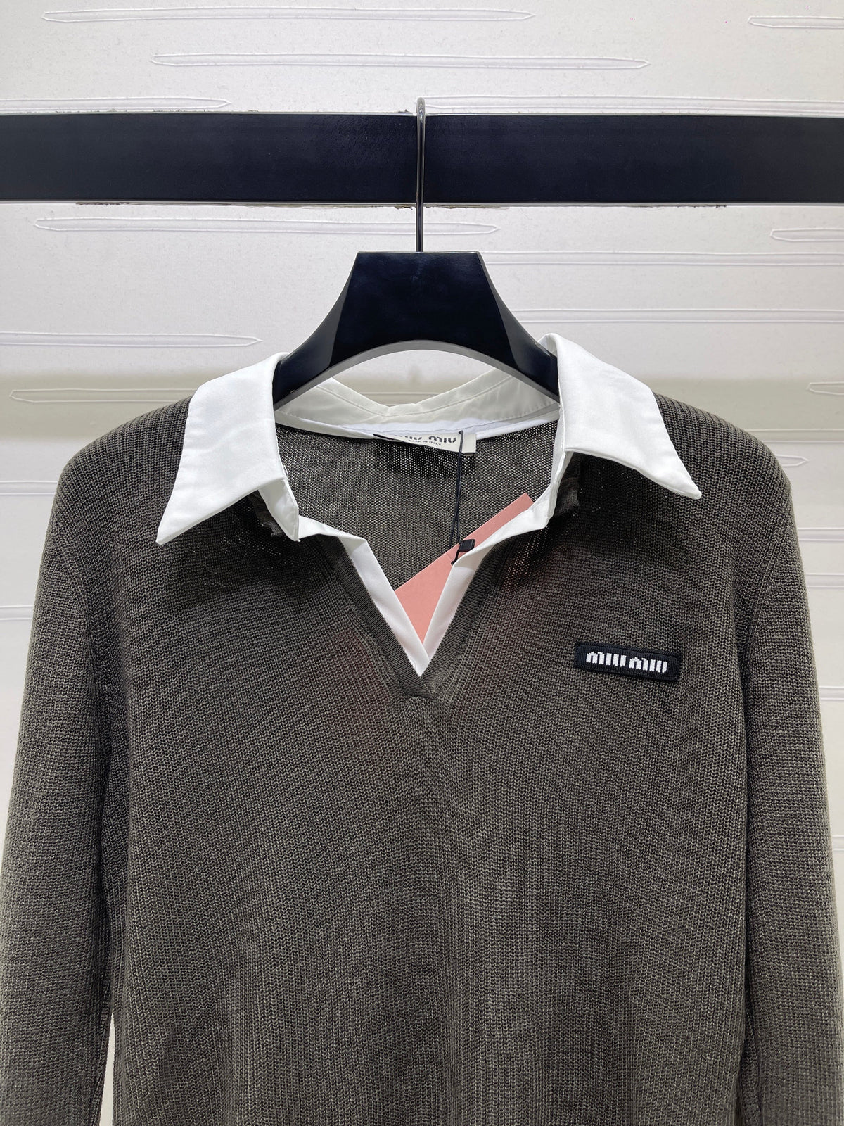 Miu 26s Long-Sleeve Knit Polo Dark Grey Wool Blend 427253