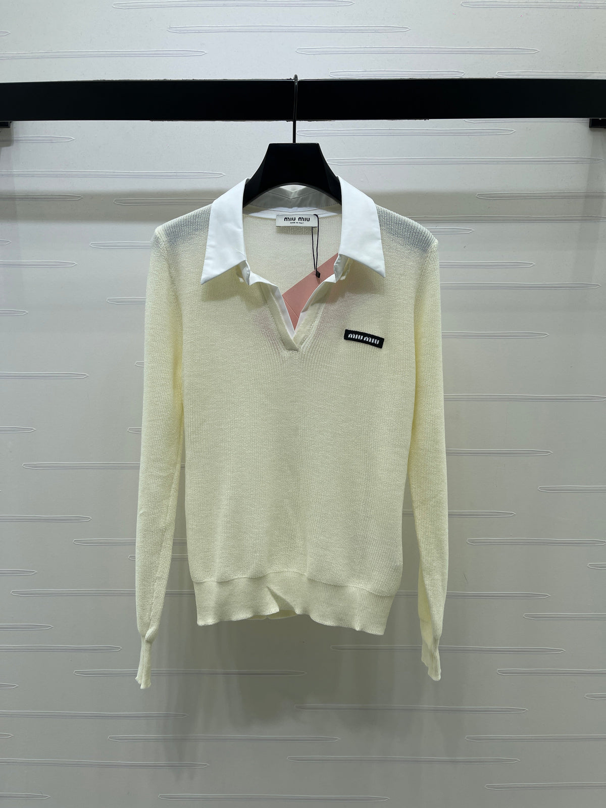 Miu 26s Long-Sleeve Knit Polo Ivory Wool Blend 427254
