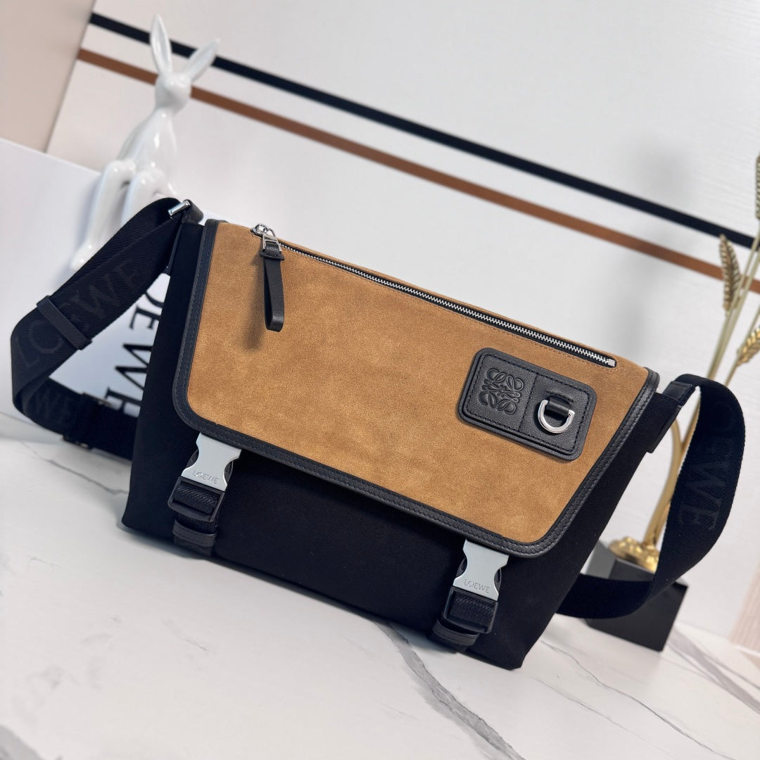 Medium Flex Messenger Black Canvas Brown Suede