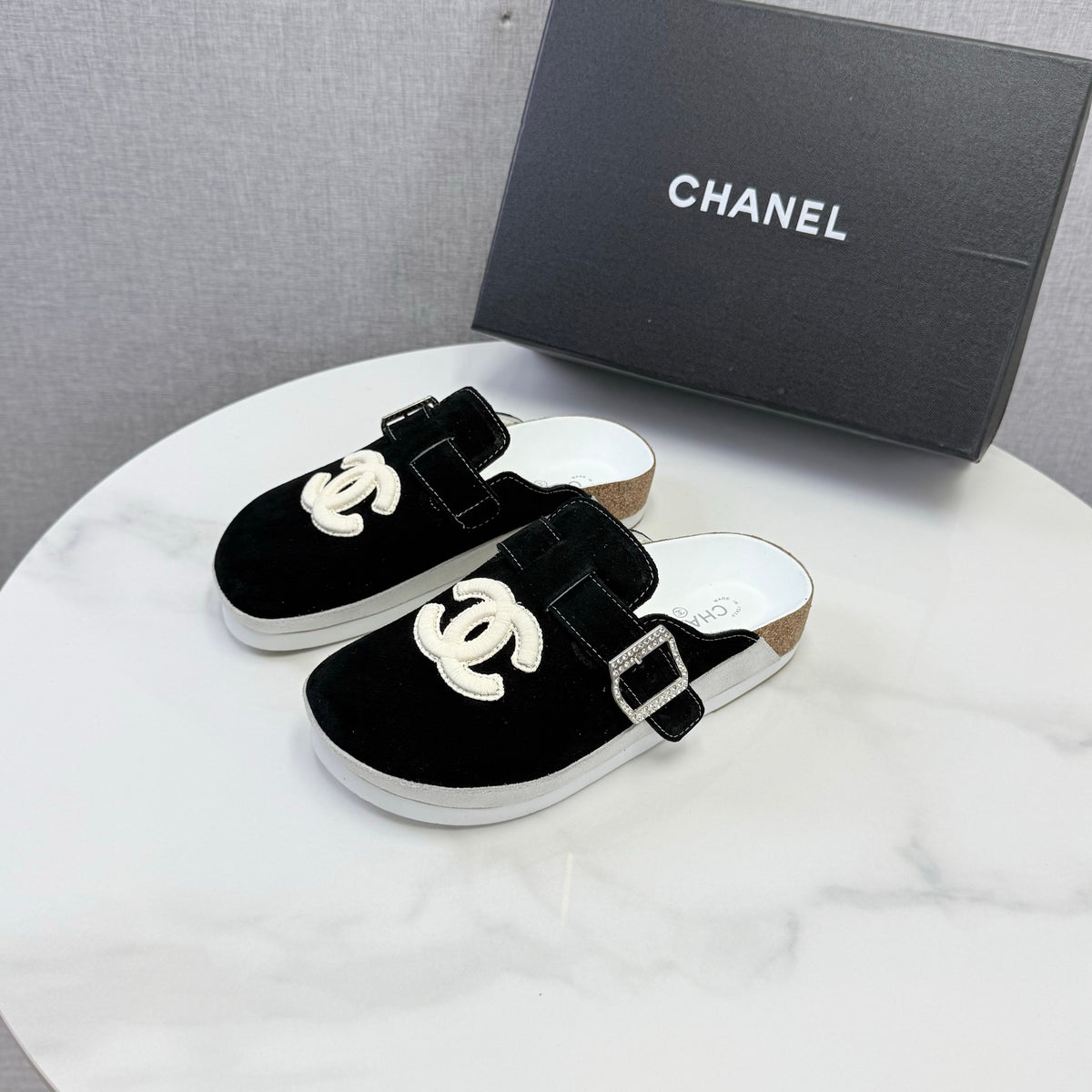 CC 26s CC Buckle Suede Mules Black 167659
